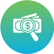 Magnifying glass over money icon, gradient background.