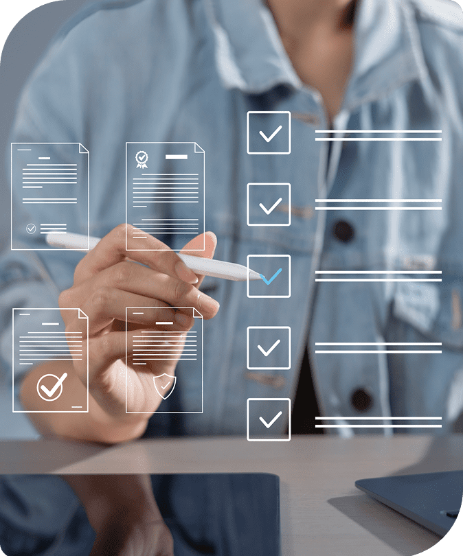 Person interacting with digital checklist interface.