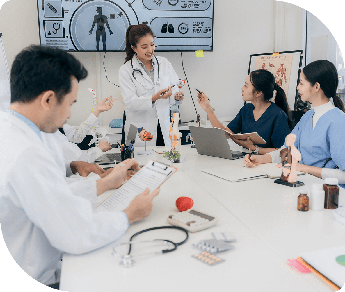 Medical team discussing in a conference room.