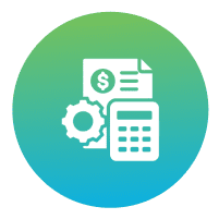 Calculator, document, and gear icon on circle.